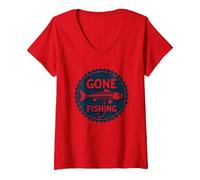 Gone Fishing - Amo scheletrato Vintage con Pesce invecchi Maglietta con Collo a V, Donna, Rosso, M