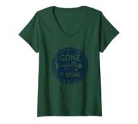 Gone Fishing - Amo scheletrato Vintage con Pesce invecchi Maglietta con Collo a V, Donna, Verde Foresta, S