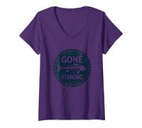 Gone Fishing - Amo scheletrato Vintage con Pesce invecchi Maglietta con Collo a V, Donna, Viola, S