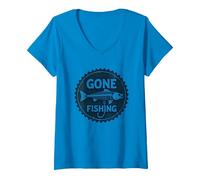 Gone Fishing - Amo scheletrato Vintage con Pesce invecchi Maglietta con Collo a V, Donna, Zaffiro, M