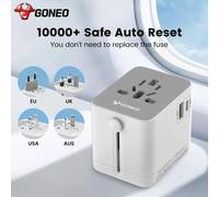 GONEO Adattatore da viaggio universale 15W/20W, ripristino automatico 8 protezioni Presa all-in-one 2 AC 1 USB-C 1 USB-A, AC EU US UK AU Standard Black USB-20W