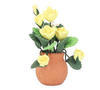 Gonetre 1:12 Casa delle Bambole Fiore Rosa Gialla Vaso Rosso Foglie Verdi Vivido Mini Carino Fiore in Miniatura in Ceramica Modello Casa delle Bambole Pianta in Miniatura Casa delle