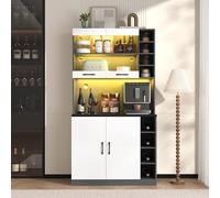 gonew21 Armadio da cucina a buffet con illuminazione a LED, altezza con forno a microonde, fori e ripiani regolabili, legno MDF, 100 x 47 x 187 cm, bianco
