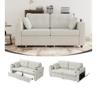 gonew21 Divano a 2 posti, con vano portaoggetti, 2 cassetti e USB, piccolo divano in ciniglia con portabevande, tasche laterali e scomparti nascosti, 172 x 75 x 82 cm, beige