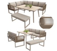 gonew21 Set di divano modulare in rattan - con 2 posti e panchina per divano, set di mobili da balcone resistente alle intemperie con cuscini extra spessi in beige, per giardino, balcone e terrazza
