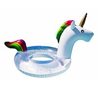 Gonfiabile a forma di unicorno, con imbottitura glitterata, diametro 80 cm, criniera arcobaleno e coda, piscina galleggiante