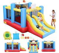 Gonfiabile castello per saltare per bambini dai 3 ai 12 anni, 4,6 x 2,4 m, castello gonfiabile con scivolo e area di salto con palla e canestro da basket, per 4 bambini, tessuto Oxford resistente 420D