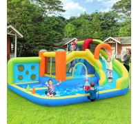 Gonfiabile XXL con scivolo d'acqua e trampolino - Parco acquatico per bambini con piscina per bambini, parete per arrampicata, pistole ad acqua, 450 W, 410 x 315 x 203 cm, giardino/interni, a partire