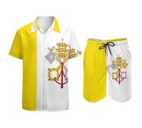GONMFKM Completo da Spiaggia Hawaiano da Uomo 2 Pezzi con Camicia E Pantaloncini Stampa Bandiera della Città del Vaticano Casual con Bottoni per Feste in Spiaggia Estive Completo Manica Corta Aloha