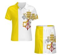 GONMFKM Completo da Uomo Composto da 2 Pezzi Tuta Estiva con Polo A Maniche Corte E Pantaloncini Abbigliamento Casual da Spiaggia Divertente Stampa con Bandiera Città del Vaticano per Il Tempo Libero