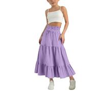Gonna a balze per ragazze con cordoncino in vita alta - Gonna midi a trapezio estiva in cotone e lino - Stile bohémien casual - Gonna lunga fluida per la scuola, viola., 7-8 Anni