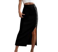 Gonna a coste, lunga ed elegante, maxi gonna da donna, lunga con spacco, gonna midi elasticizzata, linea ad A, gonna laterale con bottoni, elegante gonna a matita, sottile in tulle, traspirante, Nero