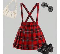 Gonna a pieghe con bretelle a quadri neri e rossi per ragazze, design retrò classico con bretelle che aggiunge innocenza e spensieratezza infantile, gonna a pieghe midi con bretelle, primavera/autunno