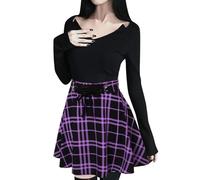 Gonna a pieghe da donna, linea ad A, a quadretti, tinta unita, comoda, a vita alta, estiva, mini gonna a pieghe, gotica, con lacci, Lilla, 5XL