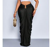 Gonna a pieghe in tessuto marrone a maglia con decorazione metallica, design a bozzolo, adatta per feste e appuntamenti, per donne taglie forti, moda autunno/inverno 0XL,1XL,2XL,3XL,4XLColore unicoTes