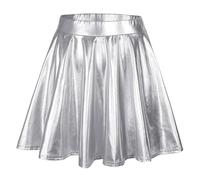 Gonna a pieghe nera, vita alta, pieghettata, tinta unita, gonna corta, gonna larga, gonna da pattinaggio metallico, scintillante, lucida, svasata, pieghettata, linea A, gonna da skort, argento, XL