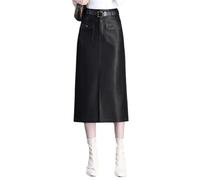 Gonna aderente in pelle da donna con spacco frontale elastico in vita gonna dritta, Nero , 3XL