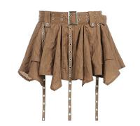 Gonna alla Moda con Cintura con Fibbia in Metallo a Vita Bassa per Ragazze Calde con Orlo Irregolare e Gonna Sottile a Pieghe con Nastri - Marrone (con Pantaloni) - L