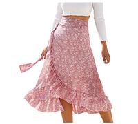 Gonna Boheme da donna a vita alta, gonna da donna a metà lunga, con volant irregolari, con stampa floreale, linea ampia, taglio fluido, portafoglio estivo, asimmetrico, casual, da spiaggia, vacanza