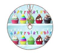 Gonna colorata per albero di Natale con stampa di cupcake di buon compleanno, decorazione per le vacanze, adatta per il tradizionale tappetino dell'albero di Natale della fattoria