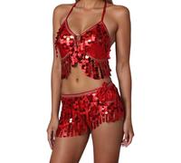 Gonna con brillantini, da donna, per danza del ventre, in due pezzi, con paillettes, set di allacciatura al collo, top e fazzoletto, gonna sexy alla moda, costume da carnevale, tinta unita, Colore