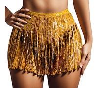 Gonna con frange da donna per festival, gonna da danza del ventre, con paillettes, nappa glitterata, sciarpa sui fianchi, cintura avvolgente, costume per ragazze, oro