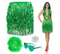 Gonna con Paillettes e Nappine, Gonna da Danza del Ventre Donna, Set Costume con Sciarpa alla Moda Frange, Mini Gonne Avvolgenti da Ballo Scintillanti Glitterate Cintura Abito da Donna(G)