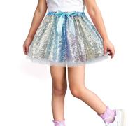 Gonna con paillettes in vita elasticizzata, scintillante, plissettata, elegante gonna tutù per bambini, danza principesse, festa di compleanno, Blu, 7 anni