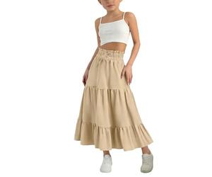 Gonna con volant a più livelli con coulisse a vita alta A-Line gonne midi estive in cotone lino Boho Casual Swing Maxi gonna lunga fluida per la scuola