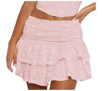 Gonna Corta da Donna Minigonna Donna Gonne Corta Doppio Volant Y 2K Floreale Pizzo Elastico Vita Stratificato Arruffato Una Linea Gonna Cort Mini Plissettata Elegante Gonne per out Feste, (RD1, S)