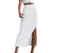 Gonna da donna a vita alta, con spacco laterale, elegante, casual, a matita, per il tempo libero, a maglia, lunghezza al ginocchio, elasticizzata, vintage, stile vintage, basic, bianco, L
