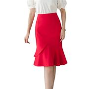 Gonna da donna a vita alta, gonna midi elegante, sexy, di media lunghezza, Rosso, L