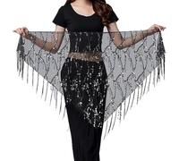 Gonna da donna con paillettes, con frange glitterate, sciarpa per danza del ventre, gonna da ballo con lacci, per Halloween, rave party, gonna a triangolo lucido per tango, chacha, samba, rumba, Nero