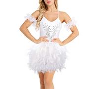 Gonna da donna con piuma, costume da Carnevale, tutù, gonna a piuma, mezza gonna elastica in vita, per feste, mini gonna a vita alta, costume da corvo da donna, vestito con piume, O bianco., XXL