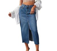 Gonna da donna in denim a vita alta estiva lavata vintage con spacco frontale A-Line Midi Gonna lunga dritta, Blu, L