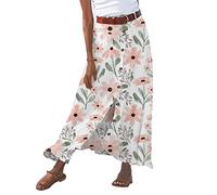 Gonna da donna in lino, stile retrò, vintage, elasticizzata, in cotone, gonna avvolgente in lino, per il tempo libero, maxi gonna bohémien, tinta unita, gonna a pieghe, C-rosa, L