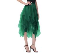 Gonna da donna in tulle, a strati bassi, gonna a pieghe midi asimmetrica, elegante e morbida, lunghezza al ginocchio, verde scuro, Taglia unica