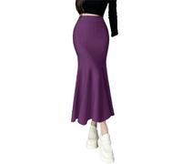 Gonna da donna invernale lavorata a maglia, gonna midi slim fit gonna lunga in lana spessa, Viola, L