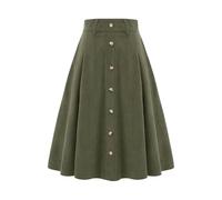 Gonna da donna midilang in velluto a coste, linea ad A, stile vintage, gonna a piatto, basic, casual, a vita alta, per il tempo libero, con tasche, Verde militare, XL