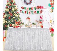 Gonna da tavolo rettangolare con lustrini, 4,3 m, color argento, con paillettes, per feste, baby shower, compleanni, dessert, esposizioni e ricevimenti