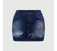 Gonna di jeans mini plus size da donna con pantaloncini, con ricamo vintage di carpe e onde, decorata con strass 1XL,2XL,3XL,4XLColore unico,Motivo strutturatoDenim