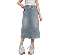 Gonna di jeans per ragazze in denim per bambini midi farfalla strass ad una linea gonne elastico in vita tasche cotone gonna estiva casual abbigliamento quotidiano tempo libero moda scuola, Blu, 13
