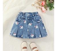 Gonna di jeans per ragazze pre-adolescenti, moda casual carina e dolce! Tessuto di jeans blu classico lavato, stampa adorabile di conigli, stampa a elementi cartoni animati, ancora più accattivante, v