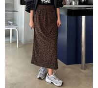 Gonna dritta lunga in velluto a coste con stampa leopardata, autunnale, da donna L,M,S,XLLeopardo,Motivo strutturatoTessuto in maglia