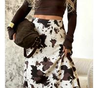 Gonna elegante con stampa animale di stile europeo e americano, di , con motivo a pelle di mucca marrone, adatta per l'uso quotidiano e lo shopping, versatile per tutte le stagioni, articolo primavera