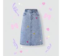 Gonna in denim con ricamo a cuore per ragazze pre-adolescenti, gonna midi a-line in denim lavato azzurro baby, vita elastica casual estiva per la scuola, stile chic per il ritorno a scuola 8Y,9Y,10Y,1