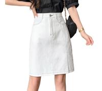 Gonna in Denim Elasticizzato da Donna - Gonna Estiva Casual A Trapezio Lunghezza al Ginocchio alla Moda Vita Alta Spacchi Laterali con Tasca Stile Coreano Tinta Unita Streetwear Bianco Taglia