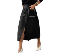 Gonna in Finta Pelle Scamosciata da Donna Primavera Inverno Elastico in Vita Tasche Anteriori Linea A gonne Midi con Spacco(Black,M)