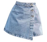 Gonna in jeans, corta, da donna, con tasca, a vita alta, per il tempo libero, estiva, linea ad A, elasticizzata, casual, con orlo asimmetrico, Blu, M