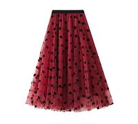 Gonna in pelle in pizzo gonna media lunga lunga in tessuto a vita alta elastica ad una linea di stampa amorosa gonna da spiaggia per le vacanze casual donna dritta, Colore: rosso, Taglia unica